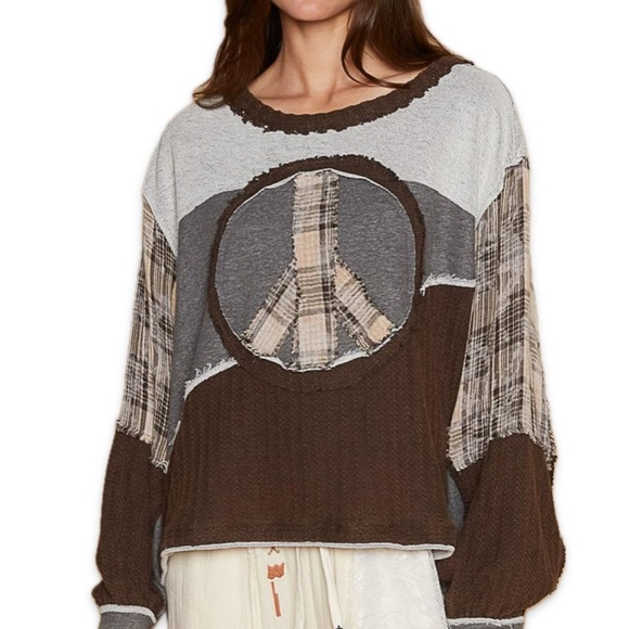 POL Sweat shirt Peace Sign Free Terry Boho / Peace Top Patchwork L Boutique - Picture 9 of 15